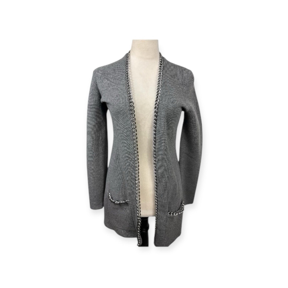 Carlisle Merino Wool Grey Open Front Cardigan Sweater Chain Detail Size Small